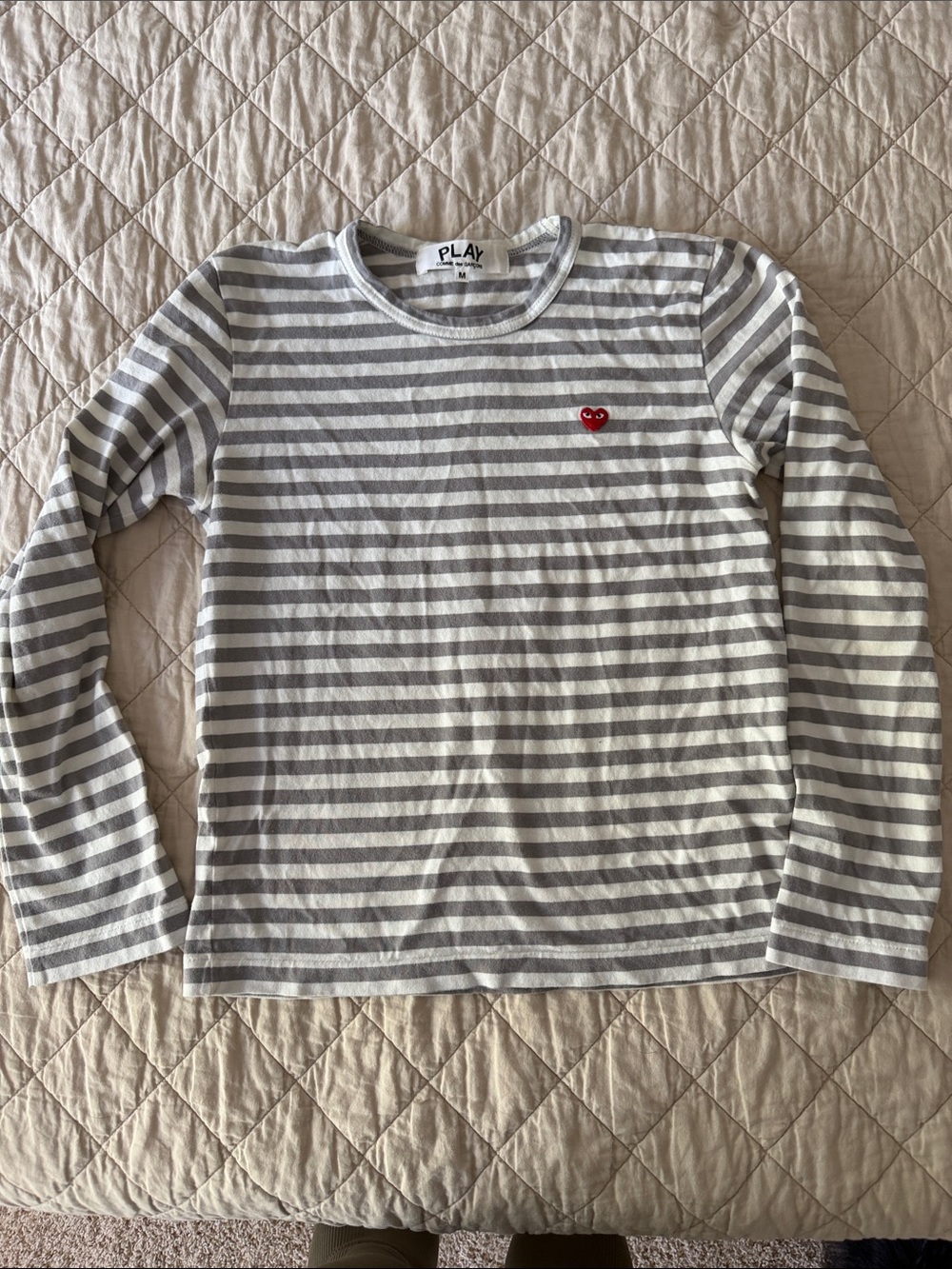 Comme des Garcons PLAY Gray & White Striped Long-Sleeve Tee with Red Heart